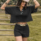 Eyelet Collared Neck Short Sleeve Top and Shorts Set