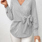 Bow Tie Waist Johnny Collar Neck Striped Blouse