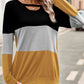 Color Block Cutout Round Neck Long Sleeve T-Shirt