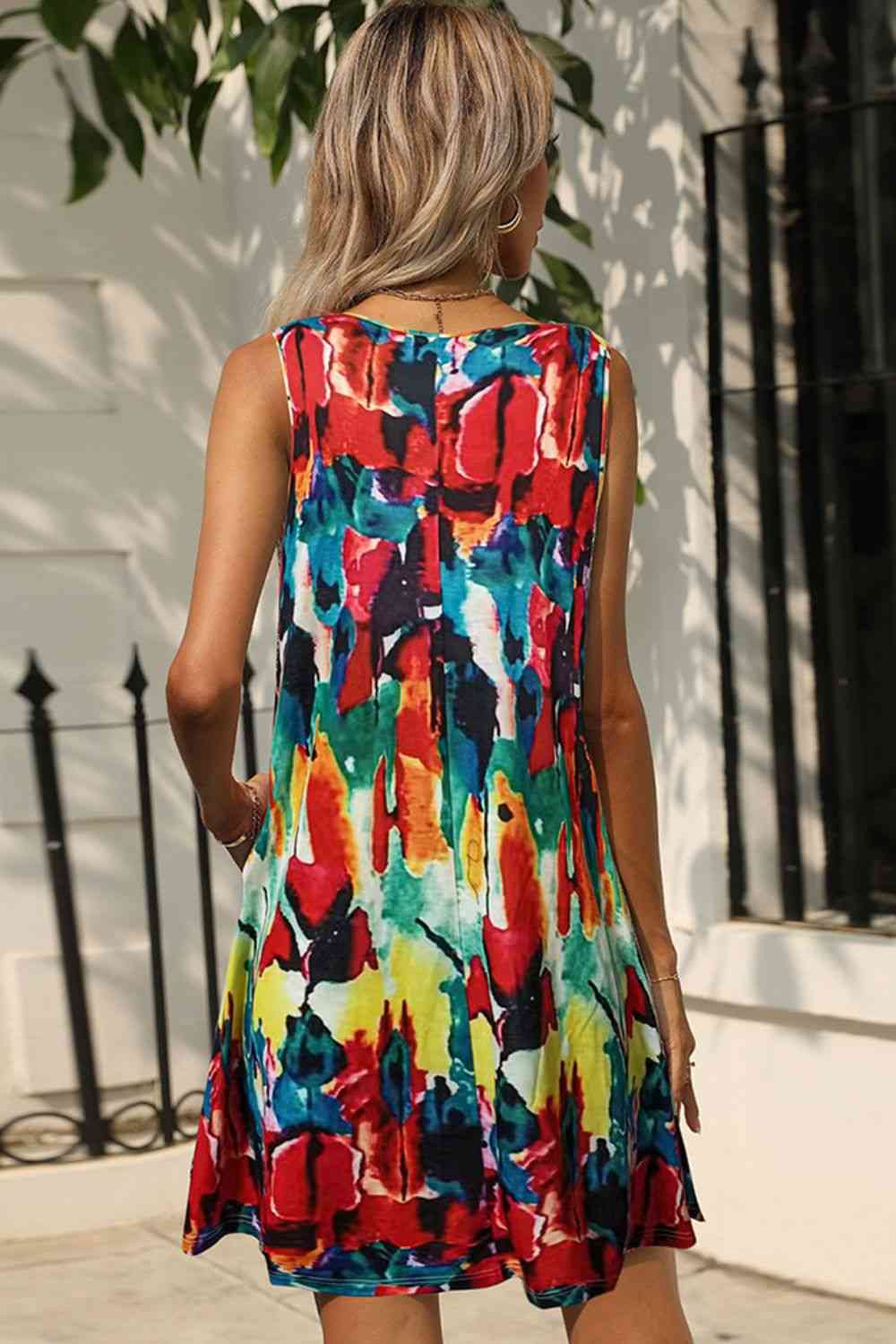 FULL SIZE Printed Round Neck Sleeveless Dress with Pockets