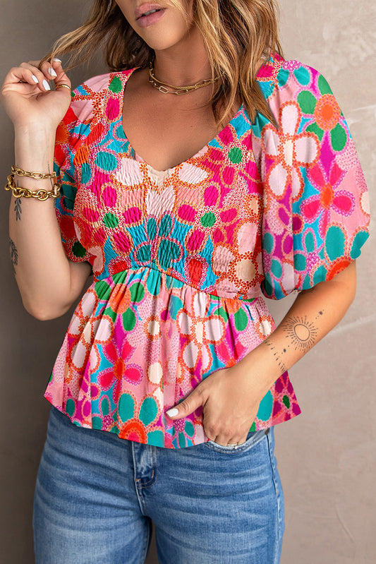 Women's Printed V-Neck Babydoll Blouse