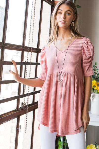 Heimish Full Size Waffle Knit V-Neck Babydoll Top *