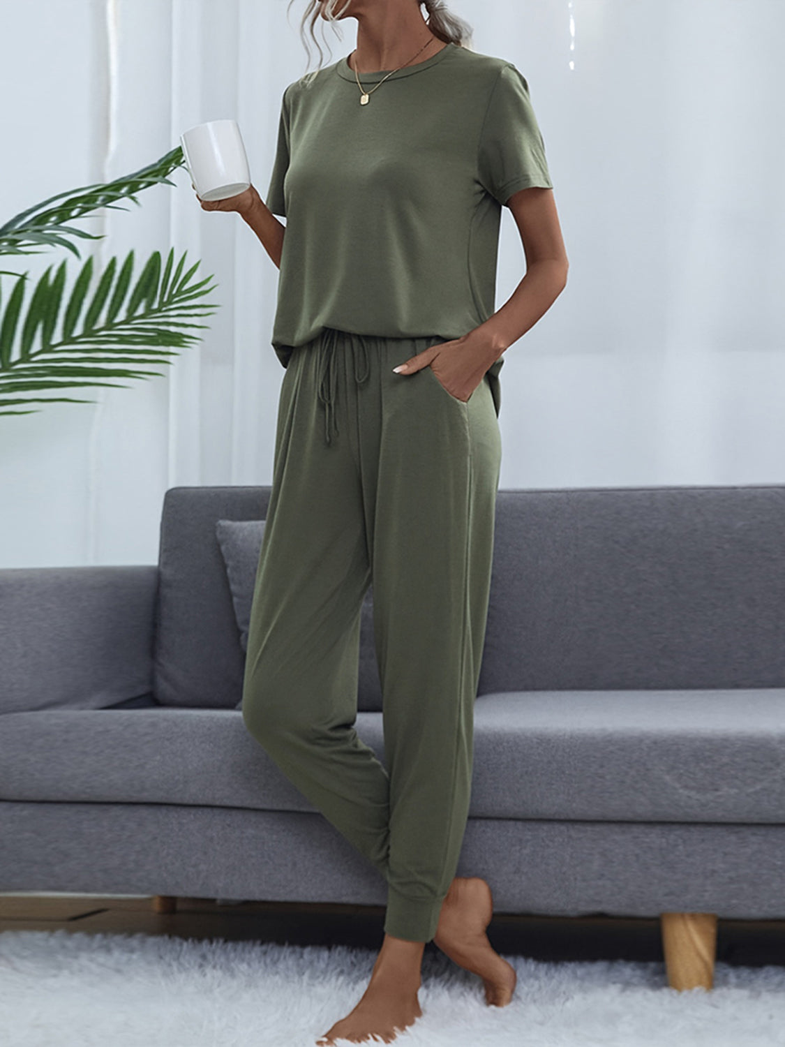 Full Size Round Neck Short Sleeve Top and Pants Set