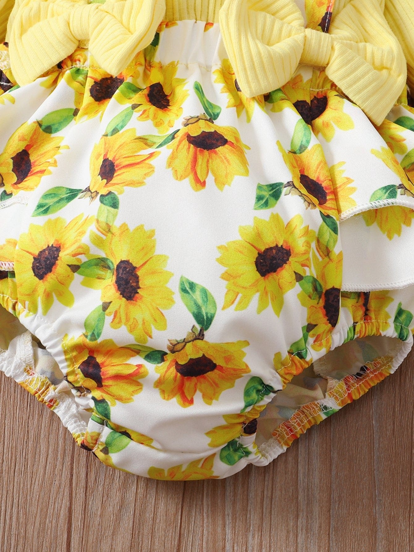 LITTLE GIRLS Yellow Two-Tone Sunflower Ribbed Bodysuit Dress with Headband SZ 0M-18M