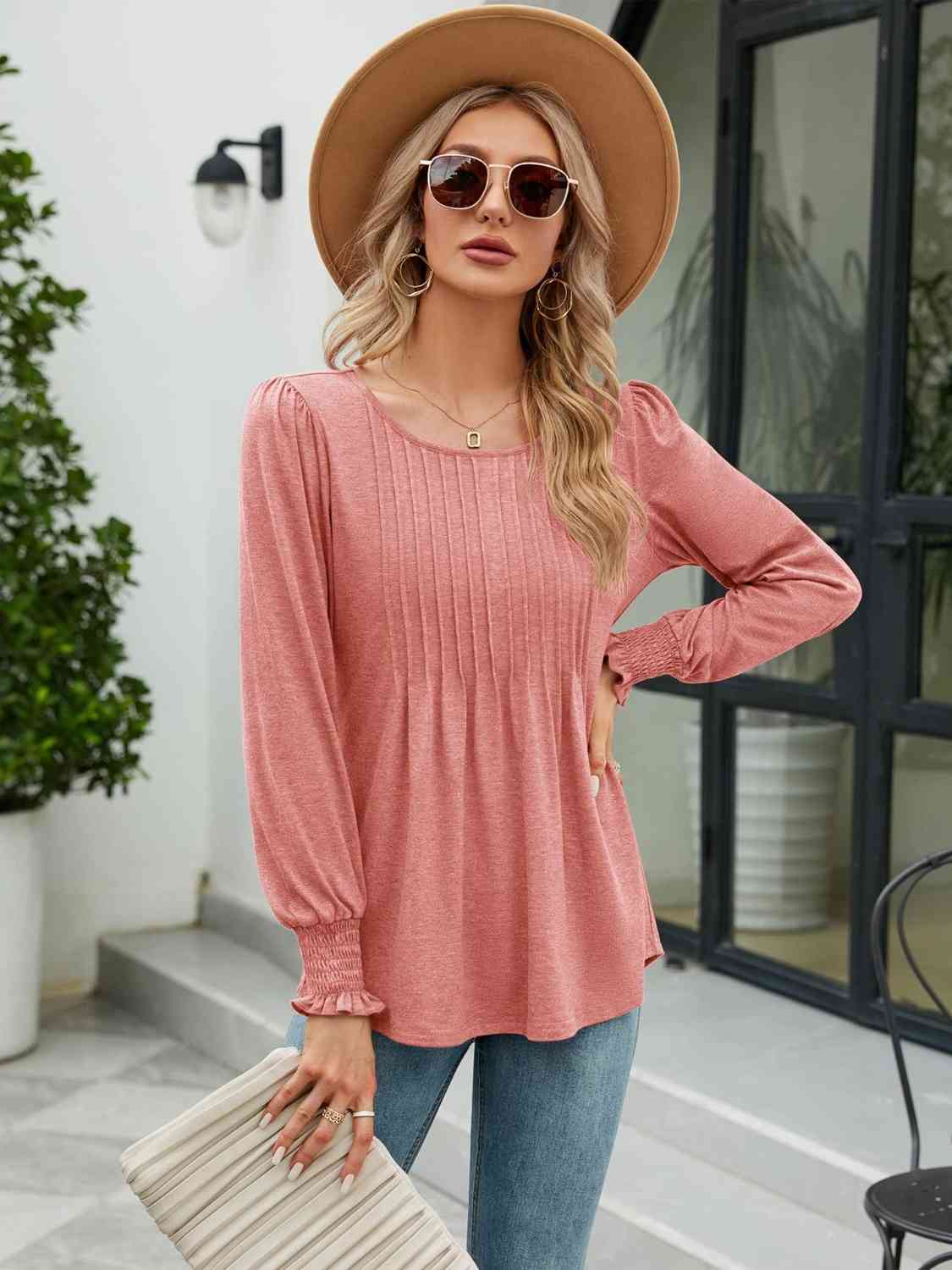 Aurora Lea Smocked Round Neck Lantern Sleeve Blouse