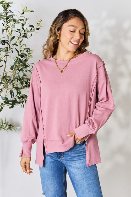 Culture Code Full Size Round Neck Exposed Seam Slit Top *