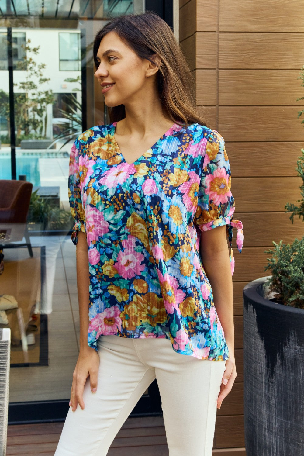 Petal Dew Full Size Floral V-Neck Tie Detail Blouse *