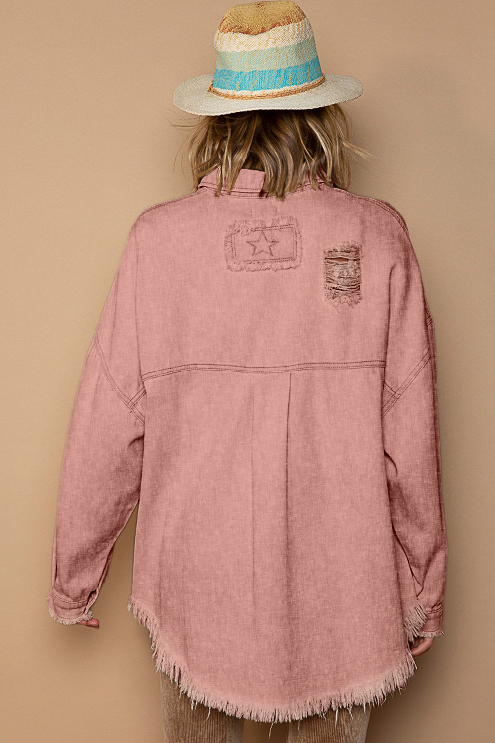 POL Button Down Raw Hem Distressed Shacket *
