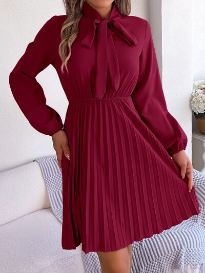 Women's Obsessed Tie Neck Balloon Sleeve Pleated Dress