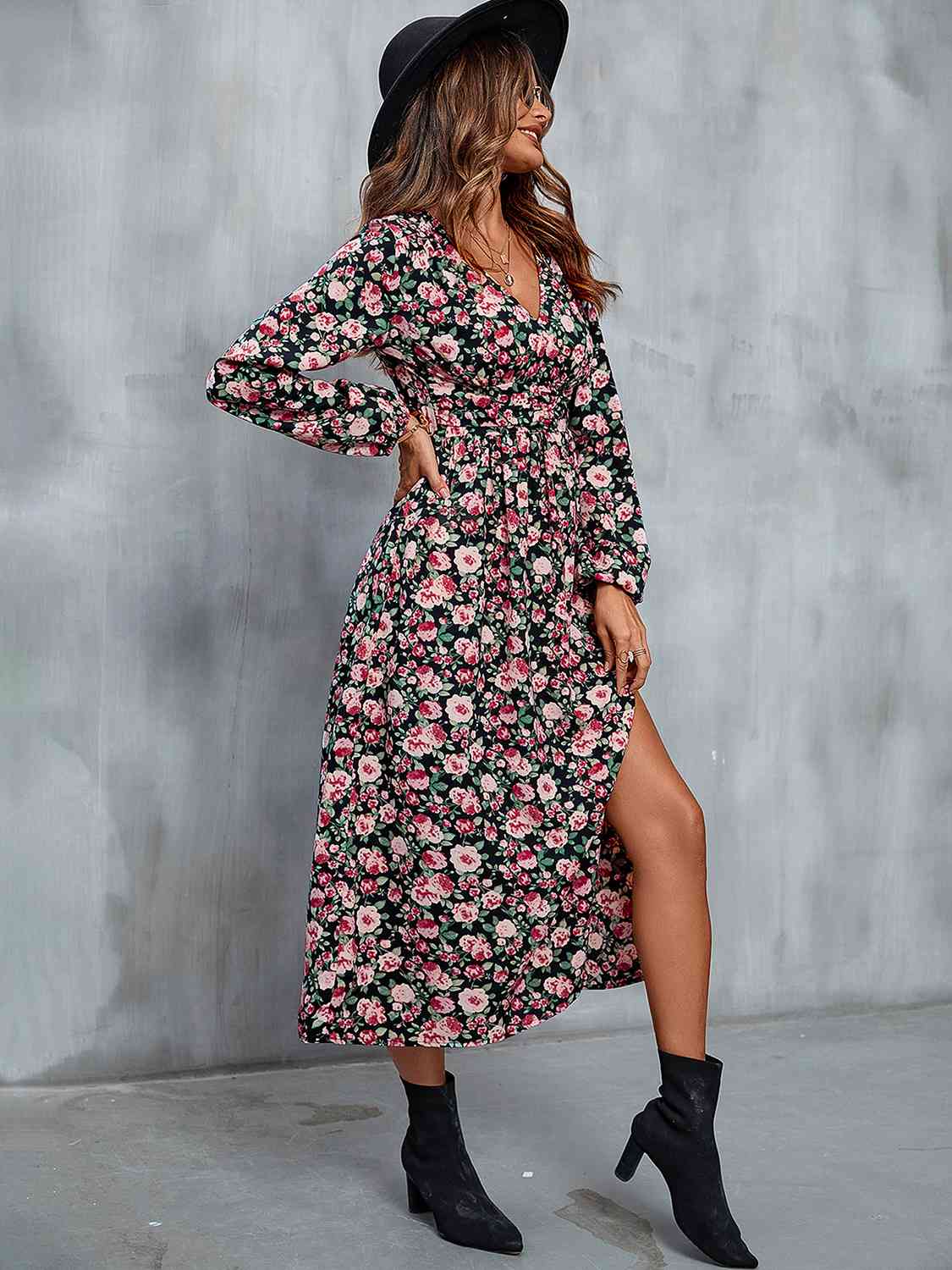 Carnation Pink Floral V-Neck Slit Midi Dress