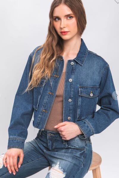 LOVE TREE Raw Hem Button Up Cropped Denim Jacket *
