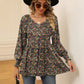 Full Size Printed V-Neck Lantern Sleeve Blouse