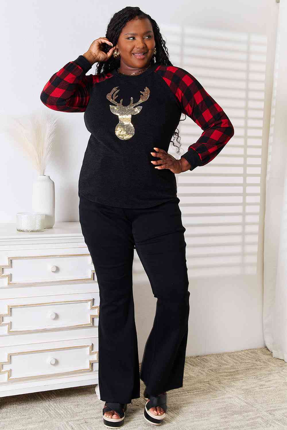 Heimish Full Size Sequin Christmas Reindeer Graphic Plaid Top *