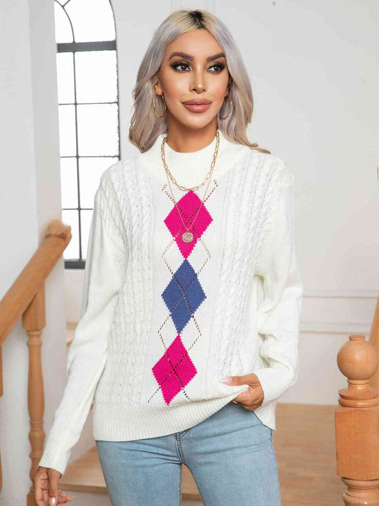 Openwork Geometric Mock Neck Sweater