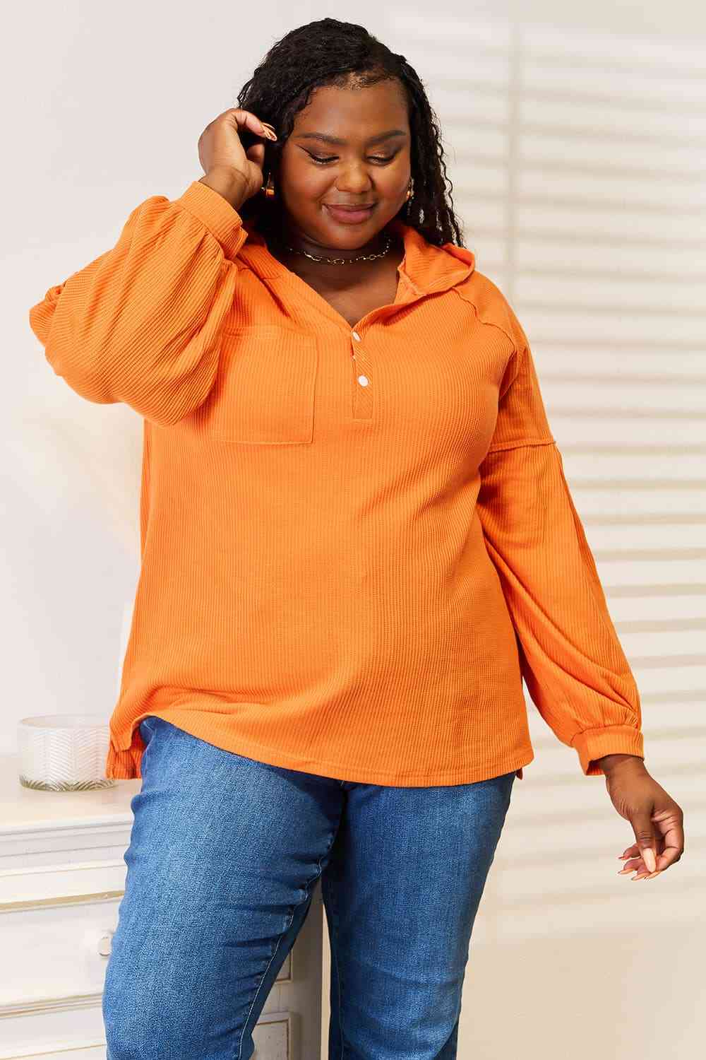 Basic Bae Side Slit Buttoned Waffle Knit Hoodie *