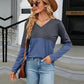 Full Size V-Neck Long Sleeve Two-Tone T-Shirt