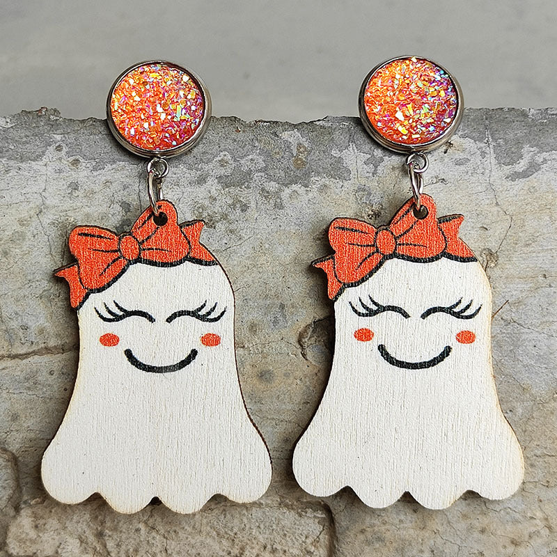 Halloween Ghost Shape Wooden Dangle Earrings