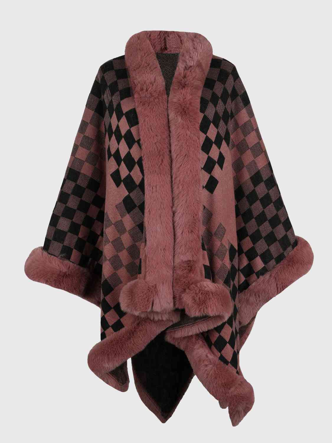 Savannah Jay One Size Checkered Faux Fur Trim Poncho