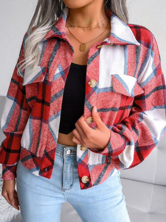 Women's Plaid Collared Neck Drop Shoulder Jacket