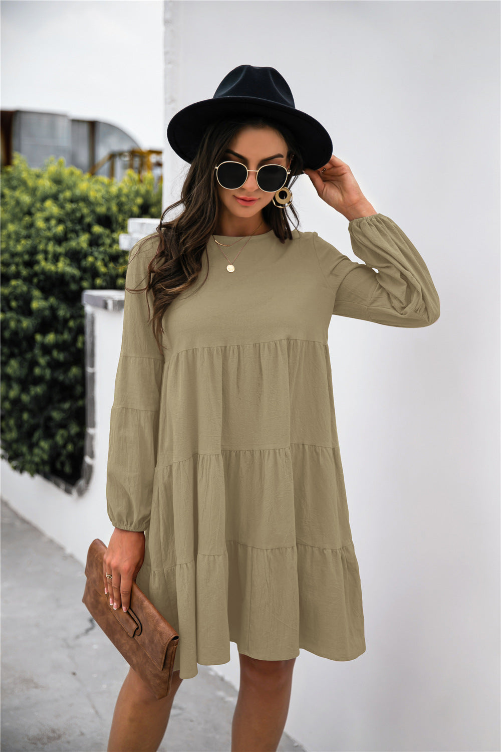 Women's Balloon Sleeve Keyhole Tiered Midi Dress