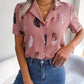 Feather Print Lapel Collar Puff Sleeve Shirt