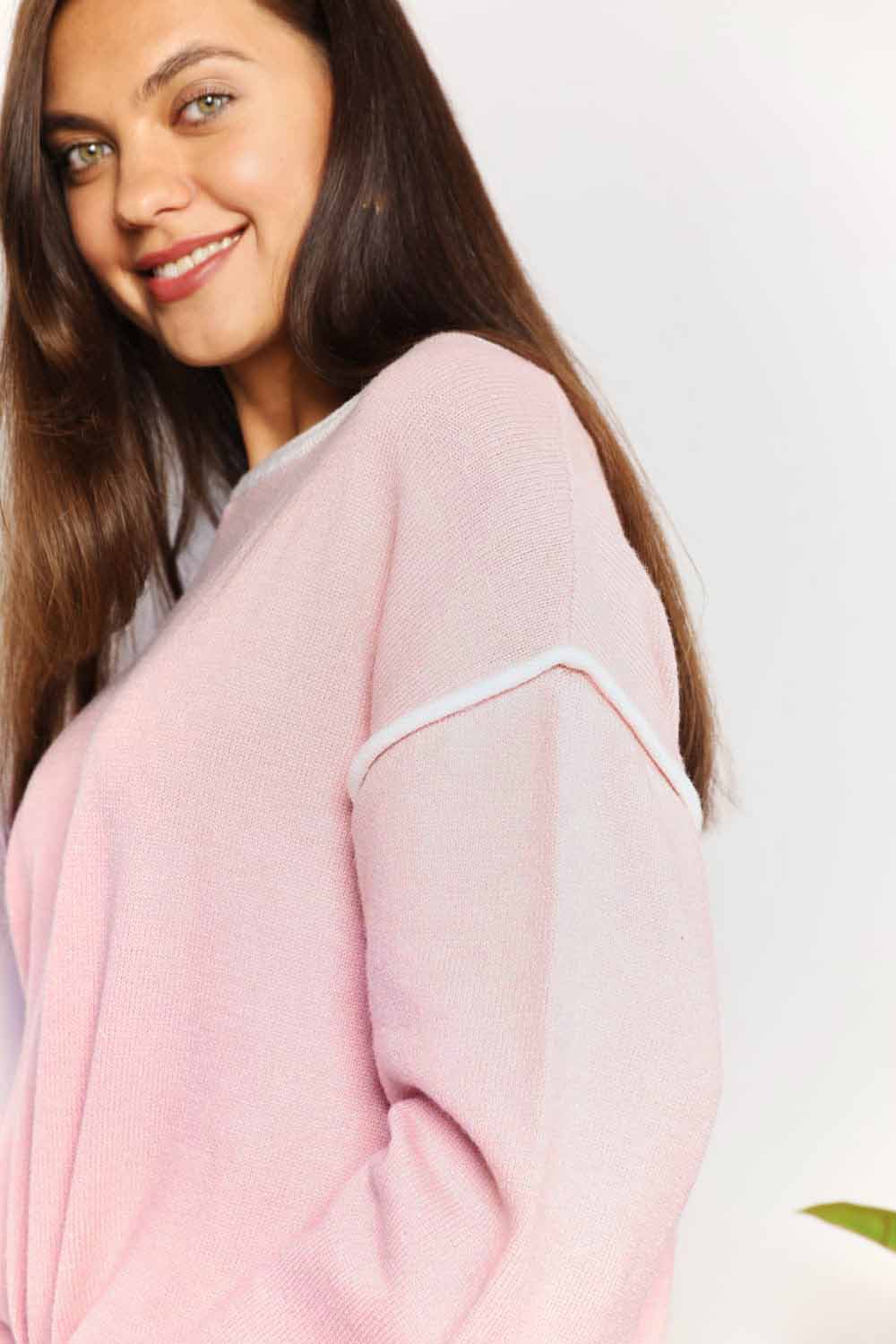 Double Take Blush Pink Contrast Detail Dropped Shoulder Knit Top