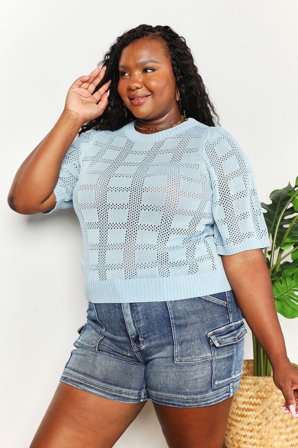 Double Take Ribbed Trim Round Neck Knit Top *
