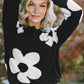 Round Neck Floral Pattern Color Contrast  Design Long Sleeve Sweater