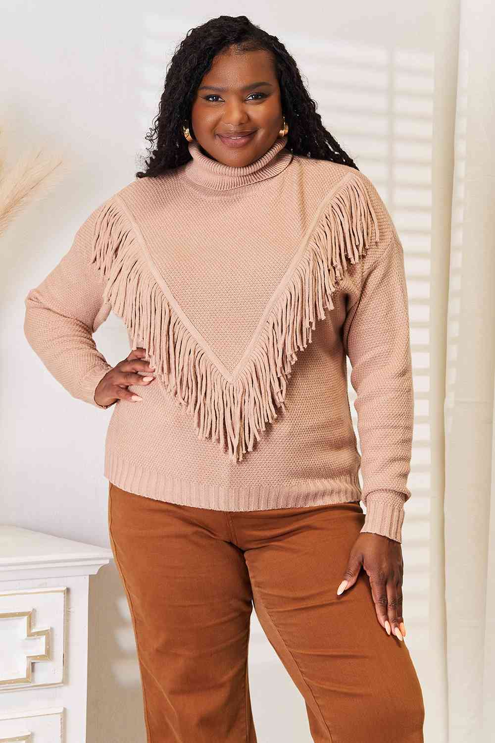 Woven Right Turtleneck Fringe Front Long Sleeve Sweater *