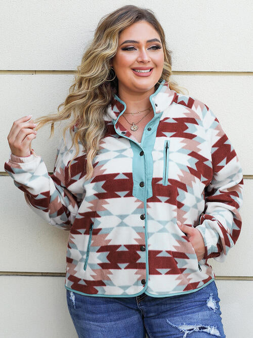 Brick Red Plus Size Geometric Snap Down Long Sleeve Jacket