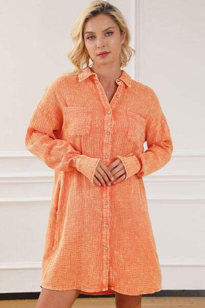 Button Up Collared Neck Pumpkin Orange Dress