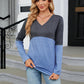 Full Size V-Neck Long Sleeve Two-Tone T-Shirt