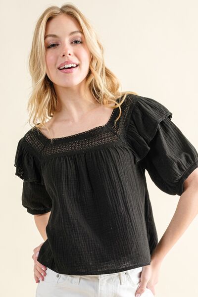 And The Why Square Neck Cotton Gauze Ruffled Blouse *