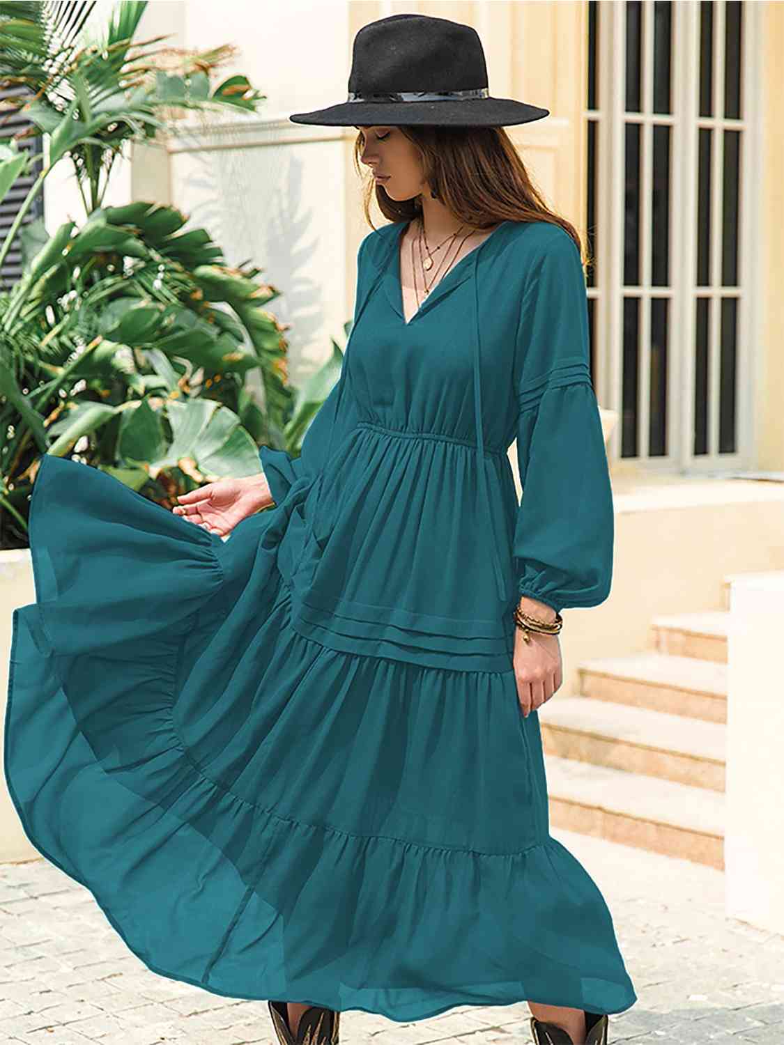 Amelia Tie Neck Long Sleeve Midi Tiered Dress