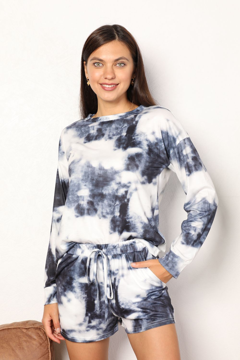 Double Take Tie-Dye Round Neck Top and Shorts Lounge Set *