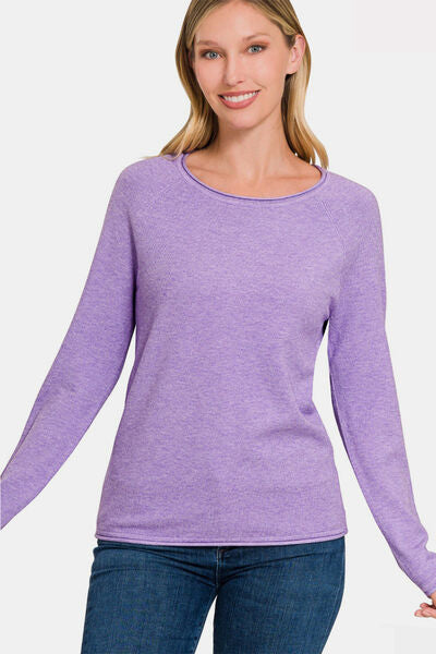 Zenana Rolled Round Neck Long Sleeve Sweater *