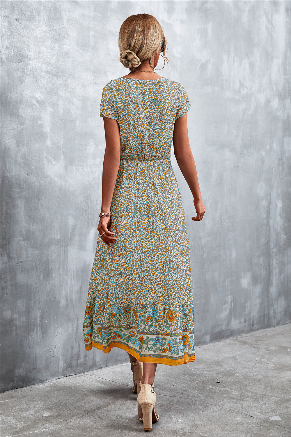 Full Size V-Neck Short Sleeve Printed Maxi Dress