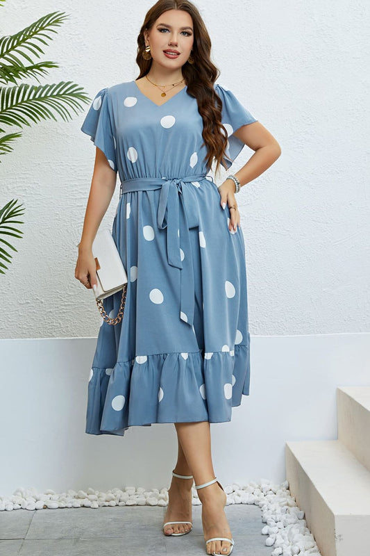 Plus Size Polka Dot Belted Flutter Sleeve Ruffle Hem Dress