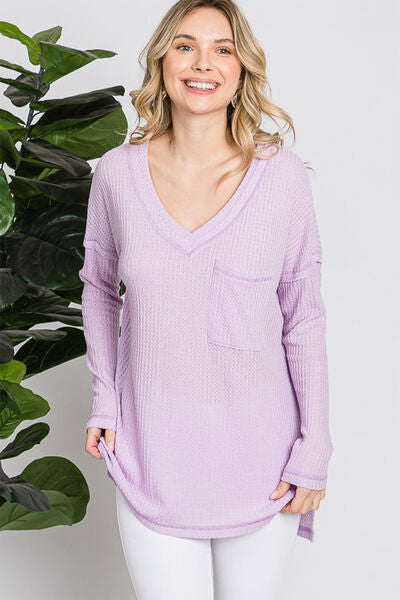 Reborn J Waffle Knit V-Neck Long Sleeve T-Shirt *