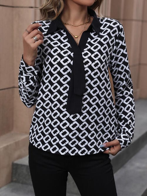 LoveByHannah Printed Collared Neck Black Long Sleeve Shirt