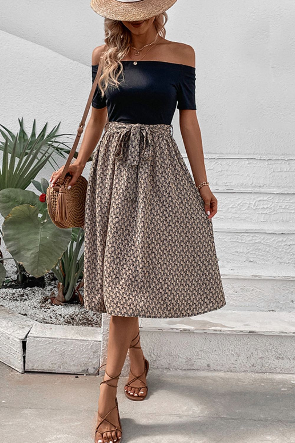 Printed Tie Belt Off-Shoulder Dress