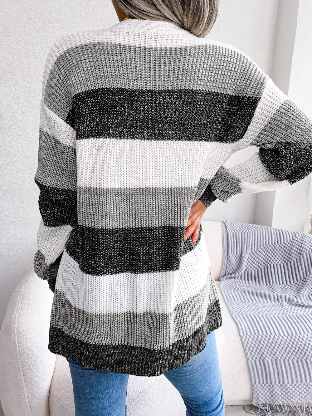 ZeldaMarie Striped Rib-Knit Open Front Longline Cardigan