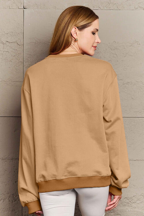 Simply Love Full Size Letter Graphic Camel Brown Long Sleeve Sweatshirt