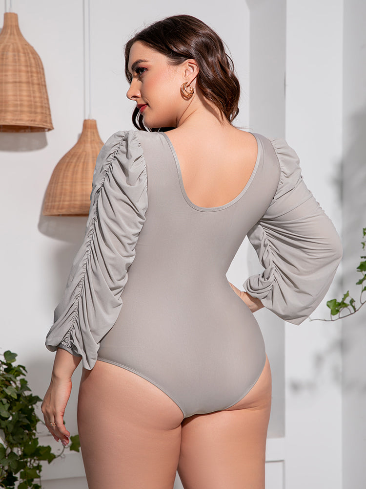 OCEANWAVES Women's Plus Size Tied Deep V Balloon Sleeve One-Piece Swimsuit