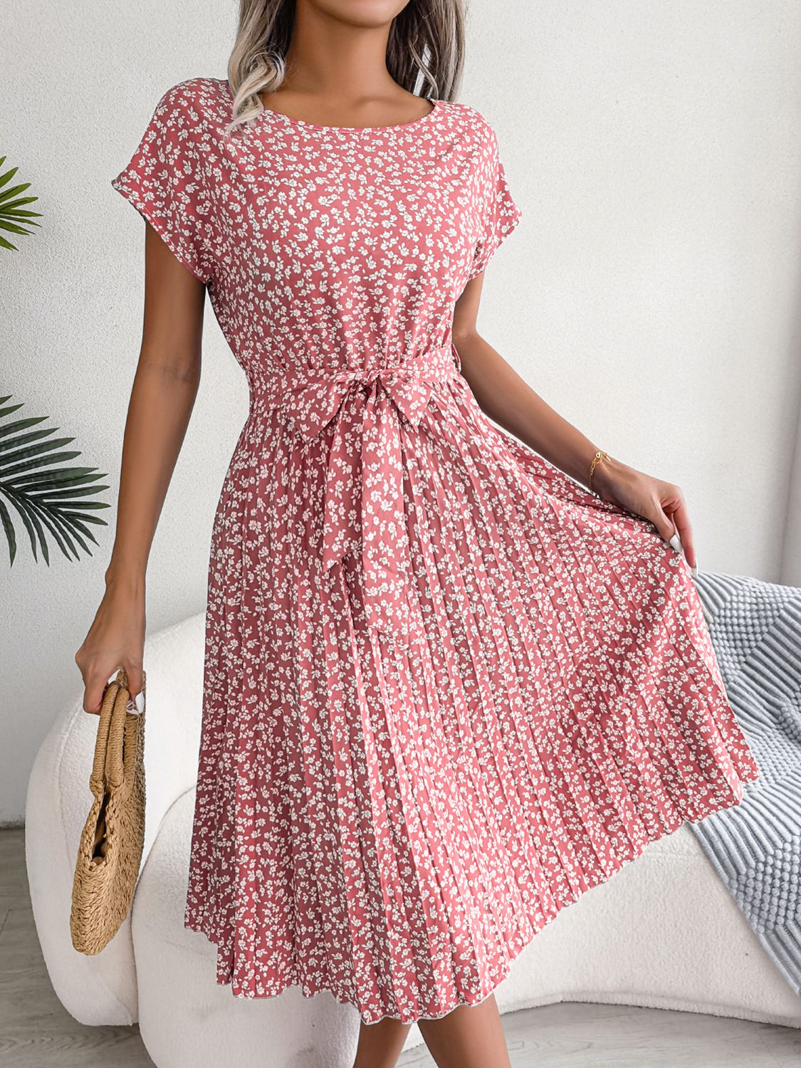 SoPretty Ditsy Floral Pleated Belted Dress