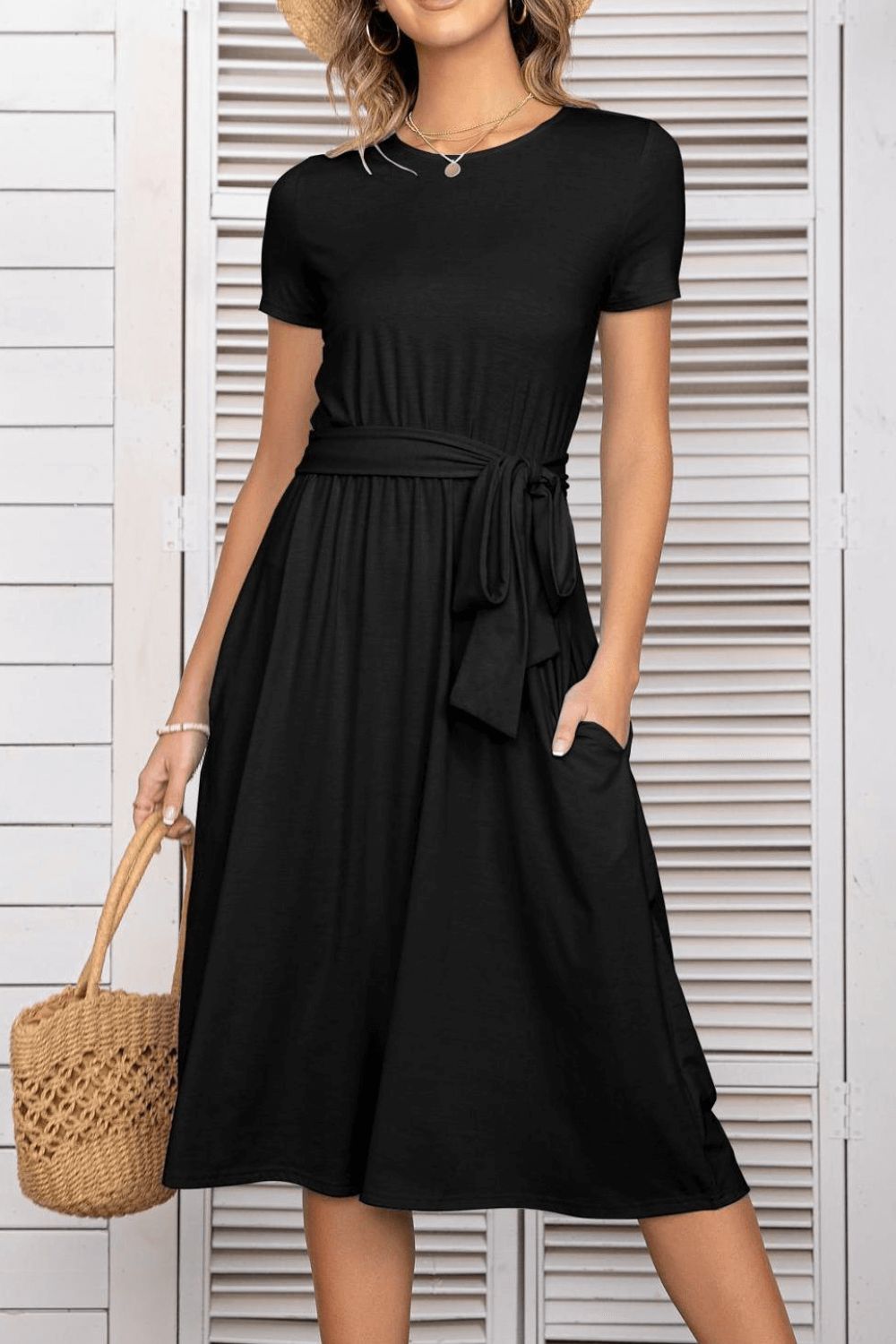 Full Size Belted Tee Dress With Pockets