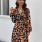 OhSoMini Caramel Brown Printed Surplice Long Sleeve Dress
