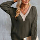 KnittedEmporium Full Size Contrast V-Neck Sweater