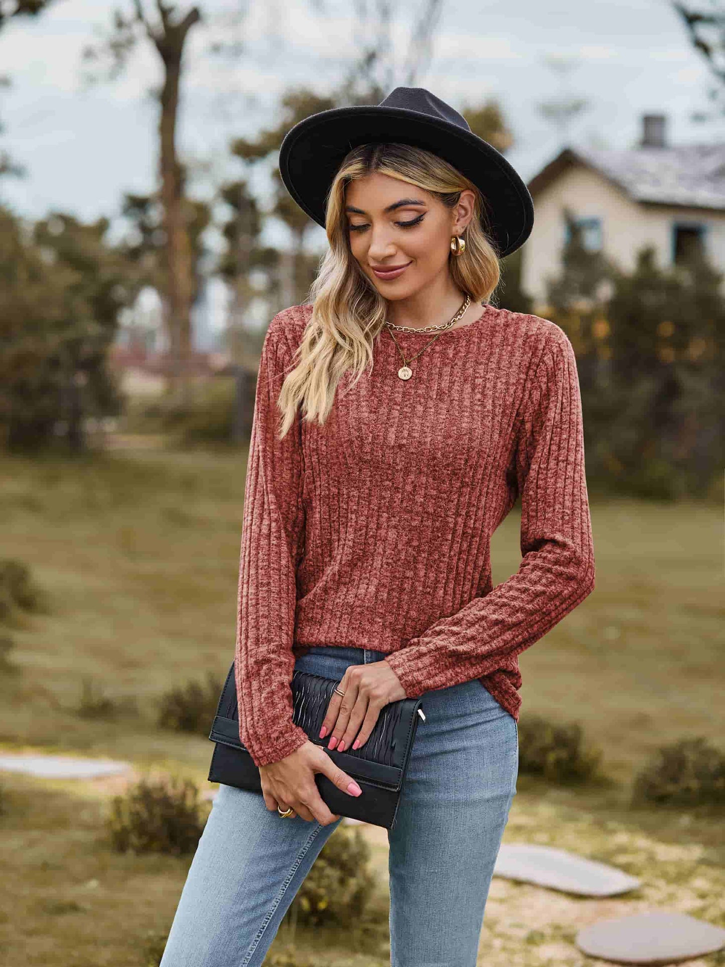 Full Size Ribbed Round Neck Long Sleeve Tee