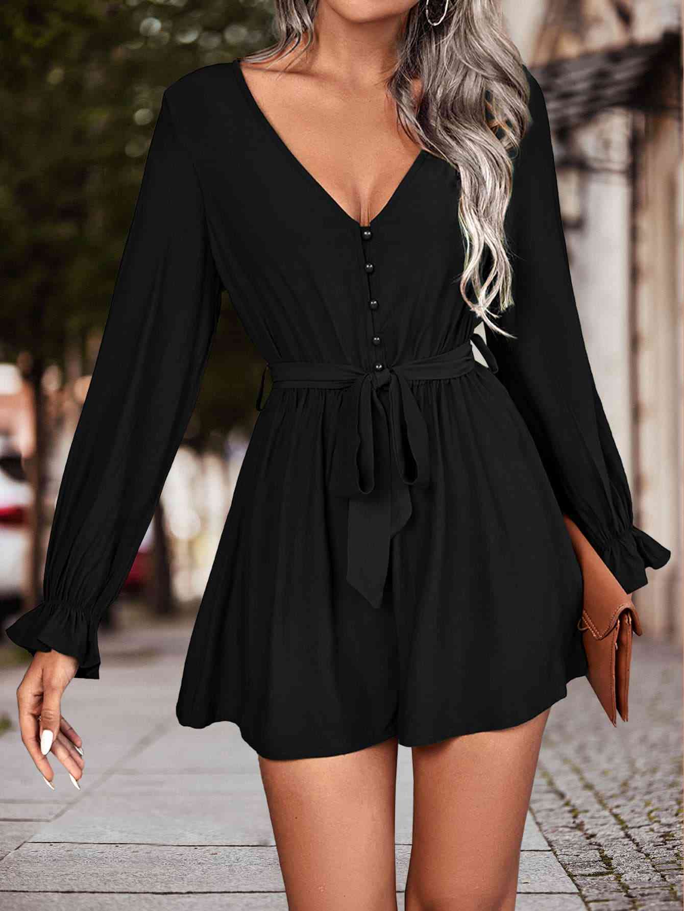 BodatiousJumpers Long Flounce Sleeve V-Neck Romper